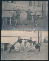 cca 1925 Lány és fiú csapat tornagyakorlata egy iskola előtt, 2 db fotó, szép állapotban, 9×13 cm