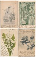 4 db RÉGI hosszú címzéses üdvözlő motívum képeslap / 4 pre-1910 greeting motive postcards