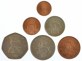 Nagy-Britannia 1968-1971. 1/2p-50p II. Erzsébet (6xklf) decimális forgalmi összeállítás eredeti, kissé viseltes tokban T:1 kis patina Great Britain 1968-1971. 1/2 Penny - 50 Pence Elizabeth II (6xdiff) decimal coin set in its original, slightly worn Britains first complete set of decimal coins hardcase C:UNC small patina