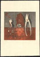 Lux Antal (1935-): Megkövült (Versteinert), 1975. Színes rézkarc, akvatinta, papír. Jelzett, számozott (7/10). 19,5x21,5 cm.