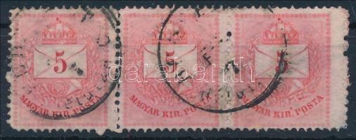 1874 5kr hármascsík a jobb szélső bélyeg szélesebb, ritka összefüggésben