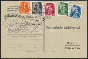1945 (2. díjszabás) Nyomtatvány 5 színű bérmentesítéssel Bezedekről Pécsre