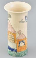 Gyerekrajzos váza, mázas kerámia, kézzel festett, jelzett, hibátlan, m: 24 cm