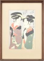 Choki Eishosai (ukiyo-e művész: Nakai Kan Izutsuban és a Fuseyaq gésa az Ogiyában. XX. századi reprodukciós fametszet, papír. Üvegezett keretben. Jelzett a nyomaton. 36x24cm