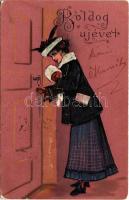 1906 Boldog Újévet! / New Year greeting art postcard with lady at the door. Emb. litho (lyuk / pinhole)