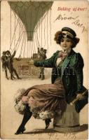 1907 Boldog Újévet! / New Year greeting art postcard with lady and hot-air balloon. litho (EK)