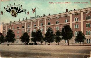 1909 Pola, Pula; Caserna di Marina / K.u.K. Kriegsmarine Marine Kaserne / Osztrák-magyar haditengerészeti laktanya, matrózok. G. Fano 1908/9. No. 37. / Austro-Hungarian Navy barracks, naval flag, mariners (fa)