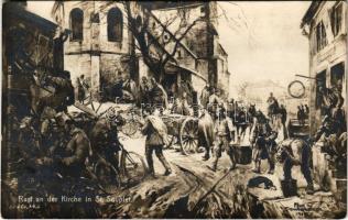 1914 Rast an der Kirche in St. Souplet / WWI German military art postcard s: Felix Schwormstädt