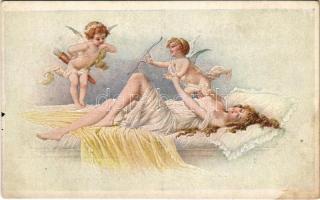 Amor als Sieger / Erotic nude lady art postcard with cupid. G.G.W.II. Nr. 183. (EK)