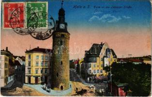 1926 Halle an der Saale, Turm an der Leipziger Straße / tower, street view, tram (fa)