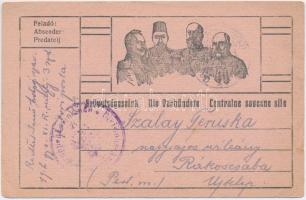 1916 &quot;Szövetségeseink&quot; Első világháborús tábori postai levelezőlap a Központi Hatalmak uralkodóival: V. Mehmed, I. Ferdinánd, II. Vilmos, Ferenc József. Hátoldalon kézzel rajzolt grafika / Die Verbündete / WWI Austro-Hungarian K.u.K. military field postcard, Viribus Unitis and Central Powers propaganda: Mehmed V, Ferdinand I of Bulgaria, Wilhelm II, Franz Joseph I of Austria. Feldpostkarte. Hand-drawn art on the backside (EB)