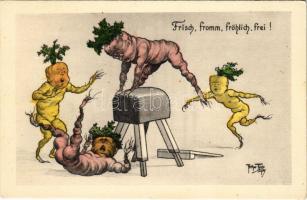 Frisch, fromm, fröhlich, frei! Carrots exercise, radish, gym, sport humour. Verlag Th. Zingg 2625. s: Arthur Thiele (EK)