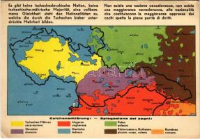 Nincs csehszlovák nemzet, nincs csehszlovák többség, teljes egyenjogúság illeti a csehek által eddig elnyomott többséget alkotó nemzetiségeket. A Magyar Nemzeti Szövetség kiadása / Hungarian Anti-Czechoslovak propaganda, irredenta map (EK)