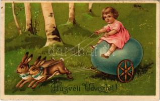 1927 Húsvéti üdvözlet / Easter greeting art postcard, rabbit-drawn egg. Amag No. 2146. litho (Rb)