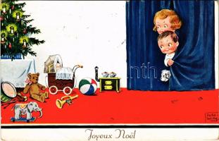 1932 Joyeux Noel / Christmas greeting art postcard with children and toys, teddy bear. WSSB 8970. s: John Wills (EB)