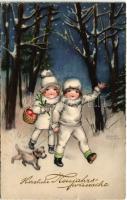 1932 Herzliche Neujahrswünsche / New Year greeting art postcard with children and dog in winter. HWB Alabaster-Serie 4161. s: Hannes Petersen (EK)