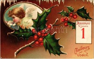 1907 Janvier 1. Meilleurs voeux / New Year greeting art postcard with angel. Emb. litho (EK)