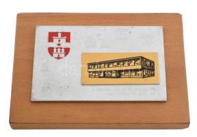 1967 Bp., Rákospalota, Cservenka Miklós téri Szolgáltatóház emlékére kiadott fém plakett, fa talapzaton, 9x12 cm