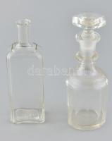 Üveg kiöntő dugóval, csorbákkal + üveg palack, kopásnyomokkal, m: 19 sé 21 cm
