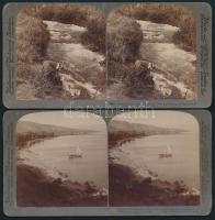 1900-1903 Palesztina (Izrael), a Jordán folyó forrása és a Kineret-tó (Galileai-tenger / Tiberiás tava), 2 db keményhátú sztereófotó, 18x9 cm / Palestina (Israel), the Jordans main source and the Sea of Galilee (Lake Tiberias / Kinneret), 2 vintage stereophotos