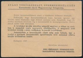 1947 Bp., Svájci Vöröskereszt Gyermeksegélyezés Keresztszülő-Akció Magyarországi Delegációja levelezőlap, bélyegzéssel