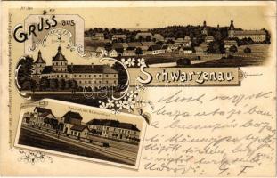 1900 Schwarzenau, Schloss, Bahnhof mit Restauration / castle, railway station, restaurant. Druck v. Regel & Krug No. 1359. Art Nouveau, floral, litho (small tear)