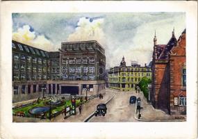 1945 Ostrava, Moravská Ostrava, Mährisch Ostrau; Schillerovo nám. / Schillerplatz / square, savings bank, hotel. artist signed (small tear)
