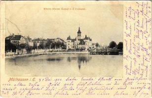 1904 Mulhouse, Mülhausen; Rhein-Rhone Kanal u. d. Postamt / canal, post office (small tear)
