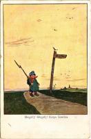 1915 Megállj! Megállj! Kutya Szerbia / WWI Austro-Hungarian K.u.K. military art postcard, Anti-Serbian propaganda. Wiener Rotophot Nr. 172. (kis szakadás / small tear)