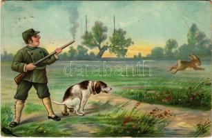 1922 Hunter with dog and rabbit, humour. litho (EB)