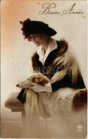 1921 Bonne Année / New Year greeting card, lady with dog. A. Noyer 3575. (EB)