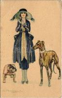Italian lady art postcard with dogs. 624-2. s: Bompard (EB)