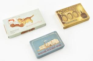 3 db reklámos bonbonos és cigarettás papír és fémdoboz, Macskanyelv, Tokaji bonbon, száz éves a magyar dohányipar 8, 11 cm