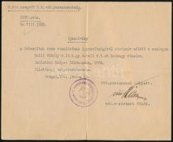 1931 Szeged, a M. kir. szegedi 5. h. vdd. parancsnokság által kiállított, Sebesültek Érme kitüntetés viselésére jogosító igazolvány, aláírással, pecséttel