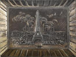 Orféar Paris art deco díszdoboz, ón, tetején az Eiffel-tornyot ábrázoló plasztikával, belül tükörrel...