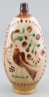 1981 Hejőszalonta, mázas kerámia butéla madaras mintával, kézzel festett, alján csorbával, mázrepedésekkel, m: 20,5 cm