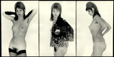 cca 1975 Nyers képek az első fotózásról, szolidan erotikus felvételek, 7 db vintage fotó jelzés nélkül, ezüst zselatinos fotópapíron, 18x12 cm és 15x5,5 cm közöttzött