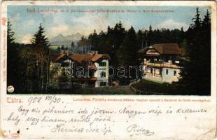 1908 Lucsivna, Lautschburg, Lucivná (Magas-Tátra, Vysoké Tatry); Lucsivnafüred a Krivánnal, Neptun nyaraló a Bazárral és fürdő vendéglővel, étterem. Feitzinger Ede 1902/12. 401. Auto-Chrom / Bad Lucsivna m. d. Krivan, Villa Neptun m. Bazar u. Kur-Restauration / spa resort, hotel, villa, bazaar shop, restaurant (fa)