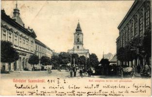 1904 Szatmárnémeti, Satu Mare; Református templom és gimnázium, Singer Co. varrógép üzlet / Calvinist church and school, sewing machine shop (fl)