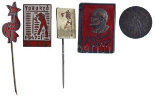 5db klf szocialista jelvény, közte "Toborzó 1947 IV. kerület" zománcozott bronz jelvény, "Lenin" zománcozott bronz jelvény (23x17mm) T:2,2-