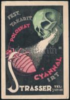 cca 1930 Strasser Takarítási Vállalat, Bp., Aggteleki u., art deco reklámlap, Kézdi Kovács László (1864-1942) festő, újságírónak címezve, törésnyomokkal, 15x10,5 cm