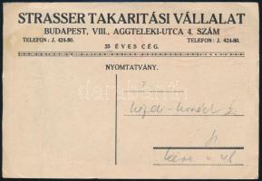 cca 1930 Strasser Takarítási Vállalat, Bp., Aggteleki u., art deco reklámlap, Kézdi Kovács László (1...