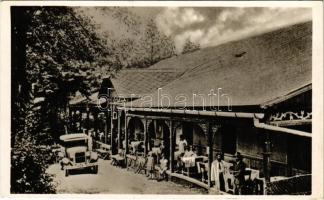 1943 Lévárt, Lévárt-fürdő, Lévárd, Gemer-Levárdske Kúpele, Leváre; Veranda és park, vendéglő, automobil. Blasko János kiadása / spa, restaurant terrace, inn, automobile