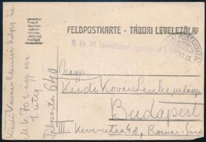 1917 Kézdi-Kovács Elemér (1898-1976) későbbi festőművész autográf tábor postai levelezőlapja a M. kir. 70. honvéd tábori ágyúsezred 1. ütegének katonájaként testvéréhez, Kézdi-Kovács Lenkéhez az I világháború idejéből, amelyben közli vele, hogy az ütege Csíkszereda mellé egy faluba készül. Kézdi-Kovács Elemér autográf aláírásával, M. kir. 70. honvéd tábori ágyúsezred bélyegzőjével, apró szakadással