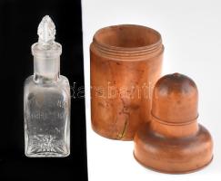 Antik angol parfümös üveg The Crown perfumery London felirattal, 10 cm, fa védő tokkal 13 cm
