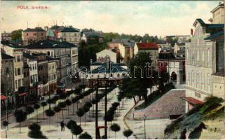 1909 Pola, Pula; Giardini / square, tram. G. Fano, POla, 1908/9. No. 7. (Rb)