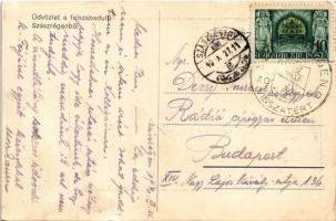 1940 Szászrégen, Reghin; Üdvözlet a felszabadult Szászrégenből! Fő tér, autóbusz, automobilok, tömeg...