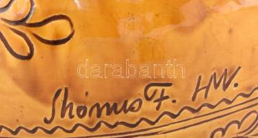 Mónus Ferenc (1931-1999). mázas kerámia tál és korsó, jelzett. d. 47 cm, m: 40 cm