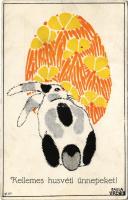 Kellemes húsvéti ünnepeket! / Easter greeting art postcard with egg and rabbit. II-1007. s: Paula Strenitz (EK)