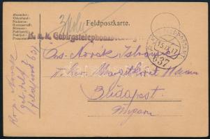 1917 Tábori posta levelezőlap "K.u.k. Gebirgstelephonabteilung Nr. 2." + "FP 637", 1917 Field postcard "K.u.k. Gebirgstelephonabteilung Nr. 2." + "FP 637"